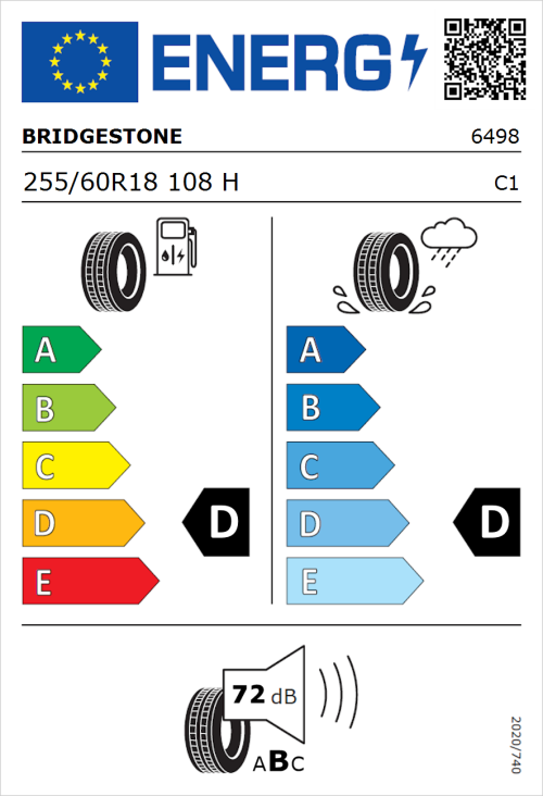 Tyre Label for Bridgestone Dueler H/T 840 255/60R18 108H