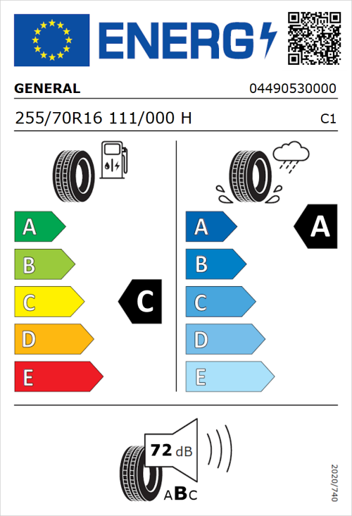 Tyre Label for General Grabber GT Plus 255/70R16 111/000H